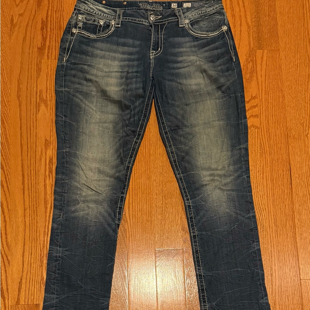 EUC, Miss Me Blue Boot Cut Jeans with Distressed Details, Size 30, Inseam 33